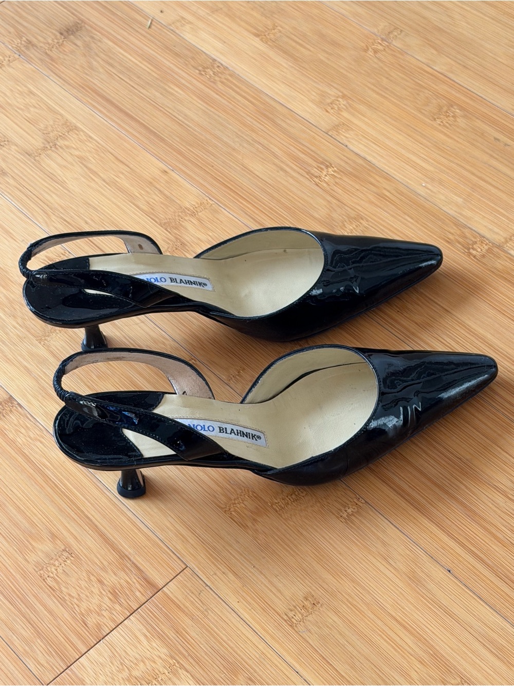 Manolo Blahnik/Carolyne Black Patent Pointed-Toe Slingback Heels
